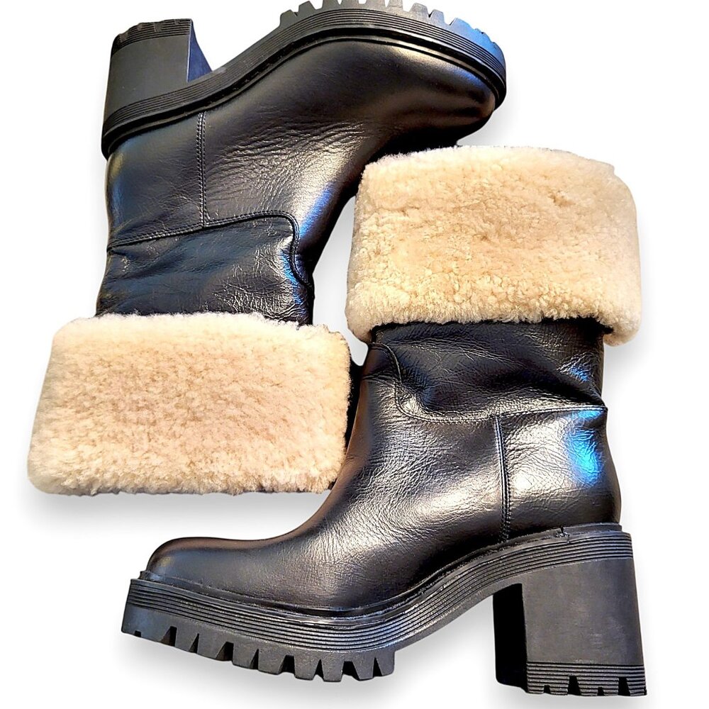 Marc Fisher LTD Willoe Black Leather Sherpa Lined Lug Sole Cozy Boots | 6.5 NWOT